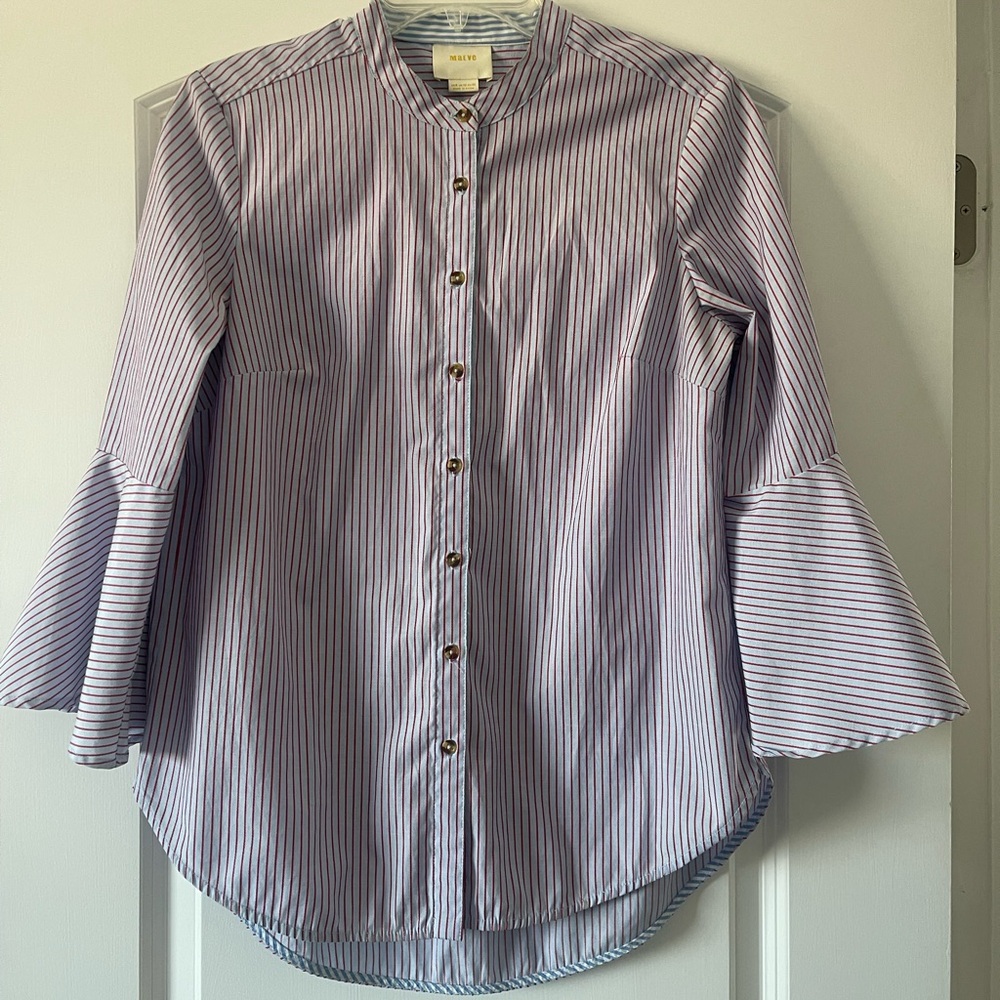 Anthropologie Maeve Striped Button-Up Blouse with Bell Sleeves
